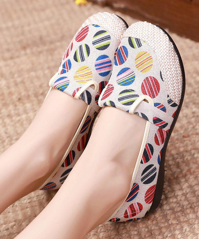 Unique Print Flat Shoes For Women Beige Linen Fabric