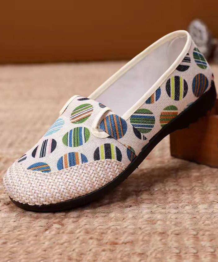 Unique Print Flat Shoes For Women Beige Linen Fabric