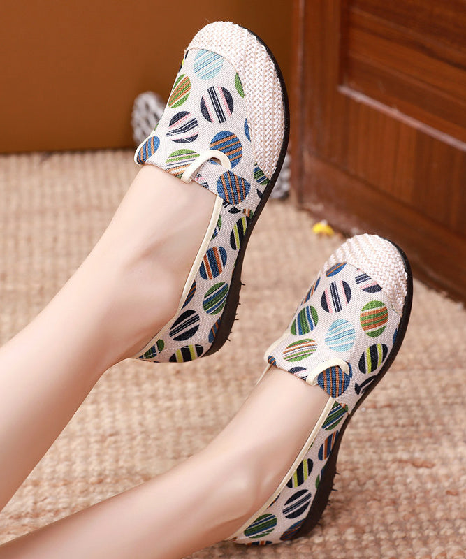 Unique Print Flat Shoes For Women Beige Linen Fabric