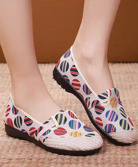 Unique Print Flat Shoes For Women Beige Linen Fabric