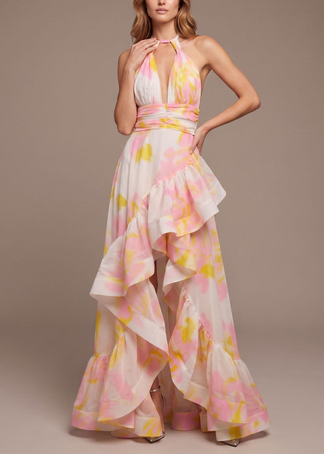 Unique Print Ruffled Asymmetrical Patchwork Chiffon Maxi Dress Sleeveless