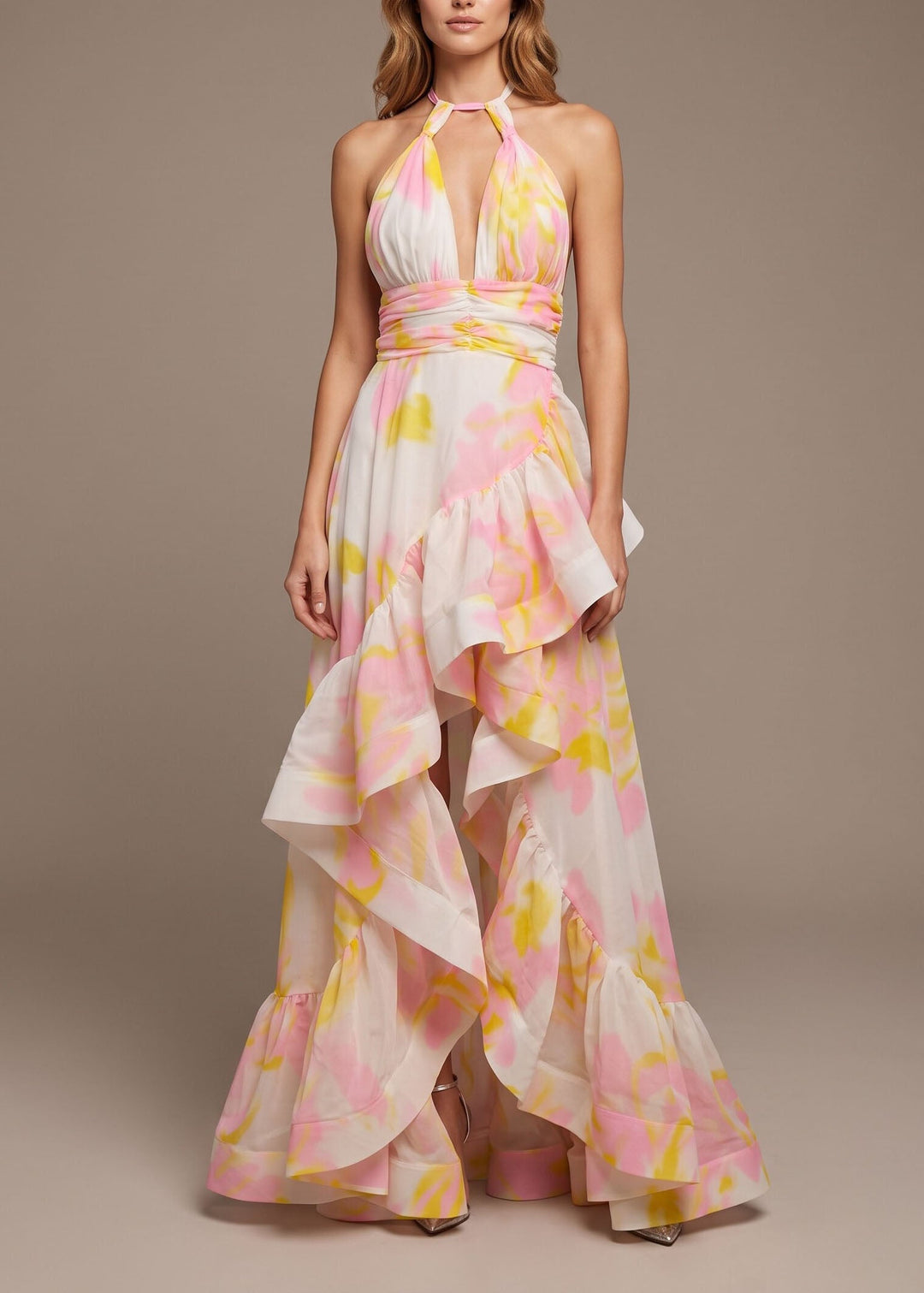 Unique Print Ruffled Asymmetrical Patchwork Chiffon Maxi Dress Sleeveless