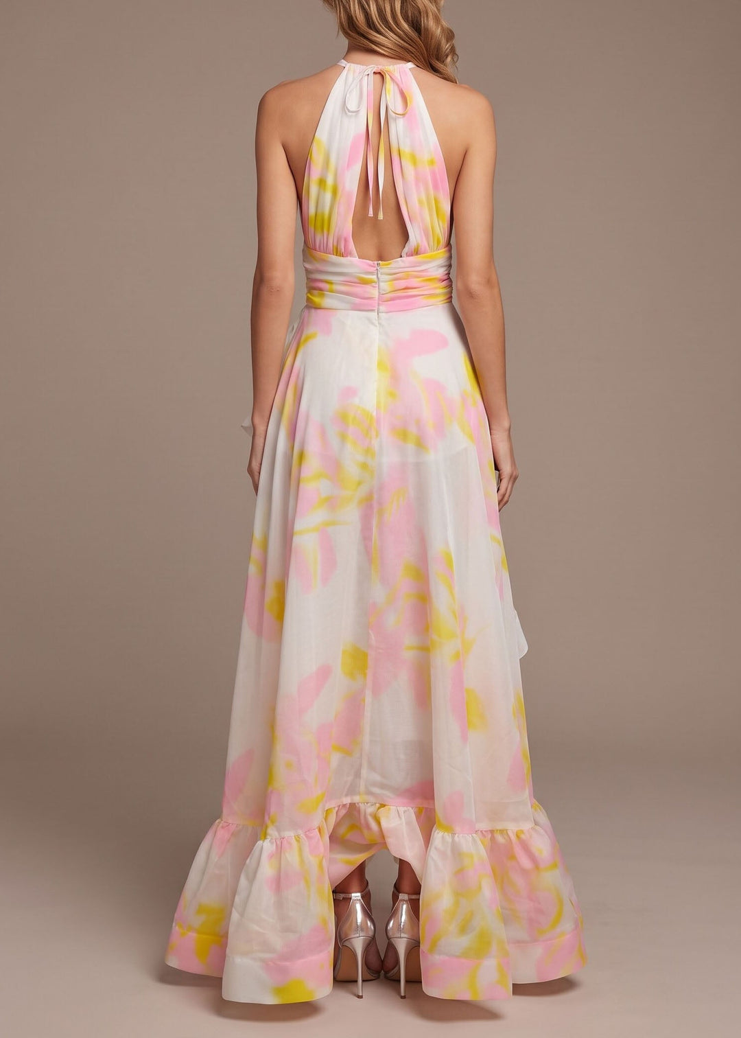 Unique Print Ruffled Asymmetrical Patchwork Chiffon Maxi Dress Sleeveless