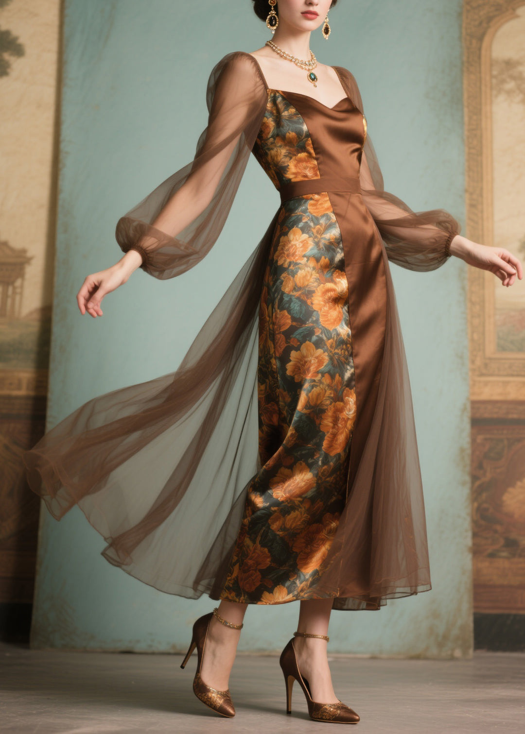 Unique Print Tulle Patchwork Silk Dress Summer