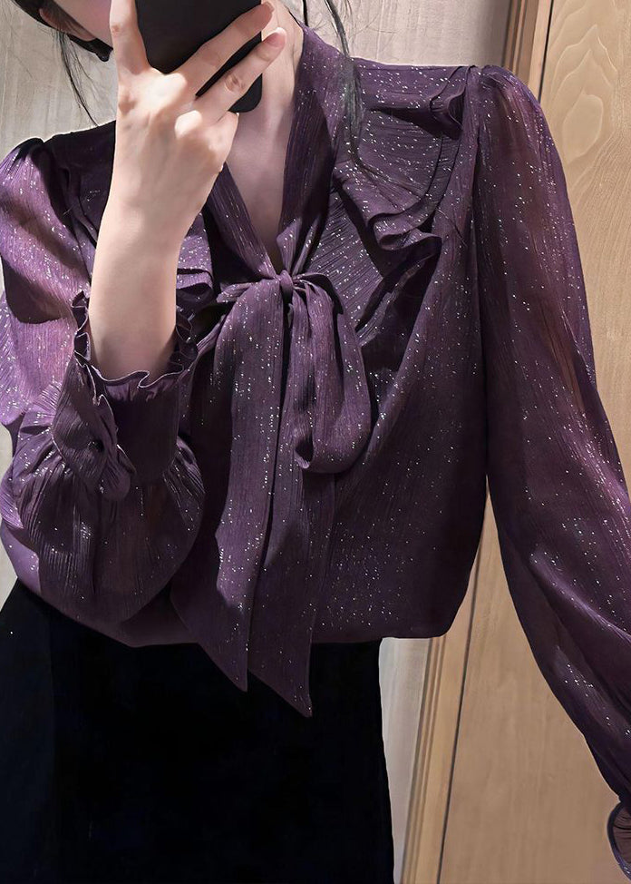 Unique Purple Bow Ruffled Solid Shirt Fall
