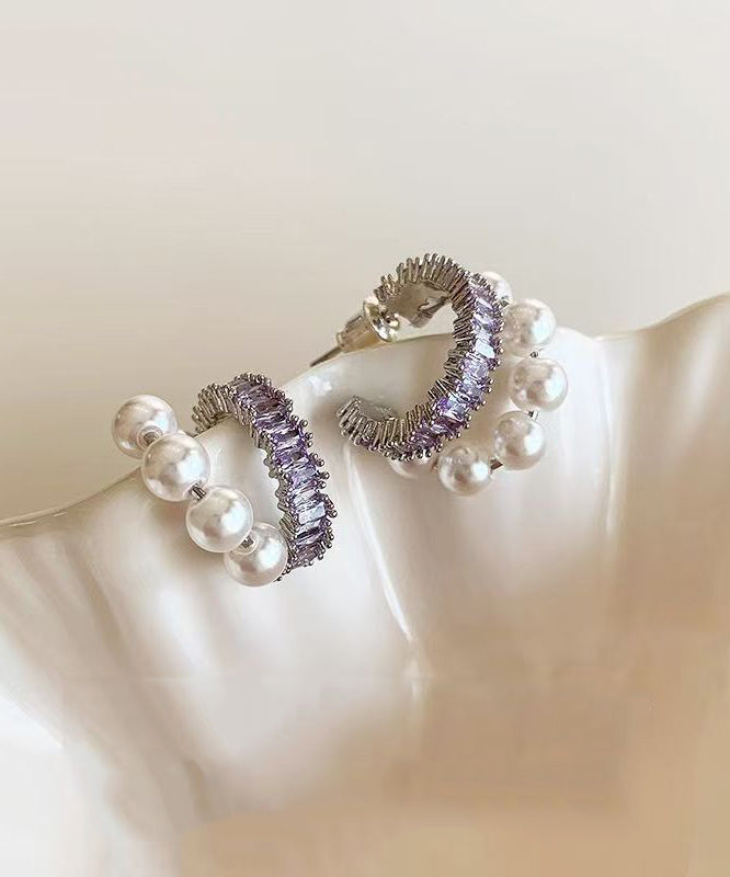 Unique Purple Copper Overgild Zircon Pearl Hoop Earrings