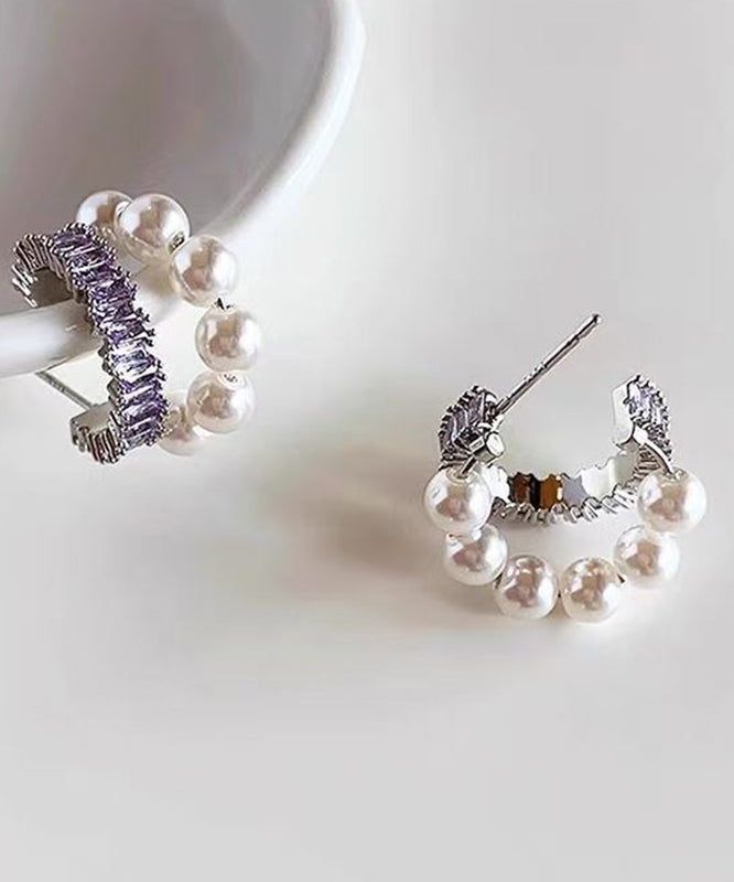 Unique Purple Copper Overgild Zircon Pearl Hoop Earrings