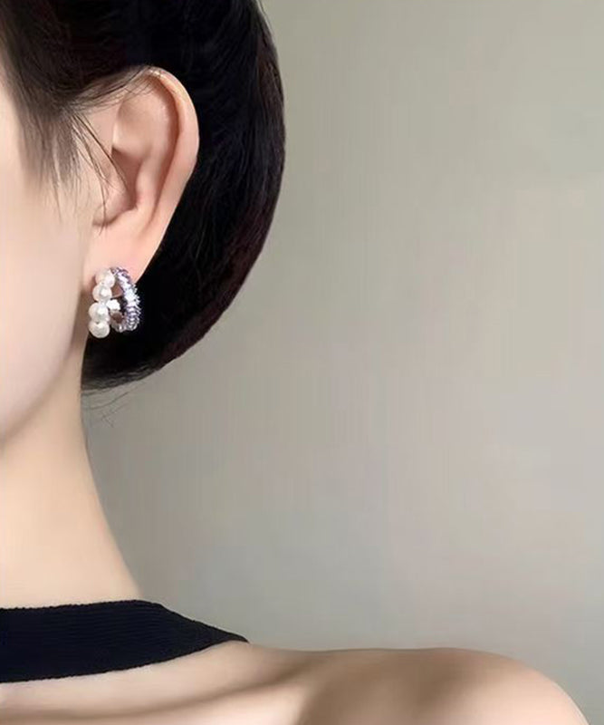 Unique Purple Copper Overgild Zircon Pearl Hoop Earrings