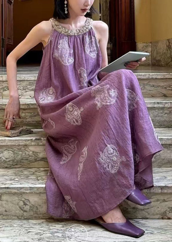 Unique Purple Embroidered Patchwork Silk Long Dress Sleeveless