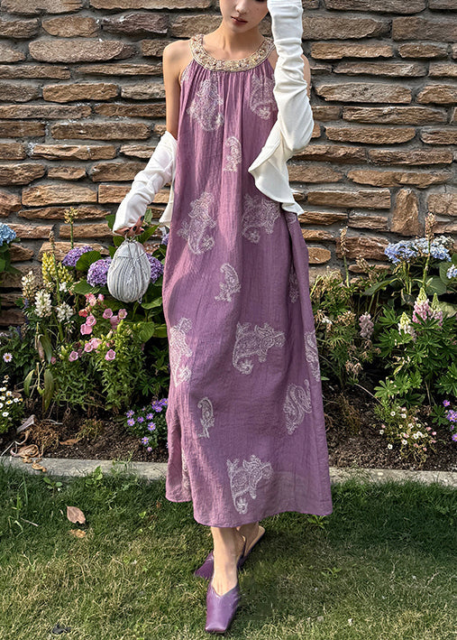 Unique Purple Embroidered Patchwork Silk Long Dress Sleeveless