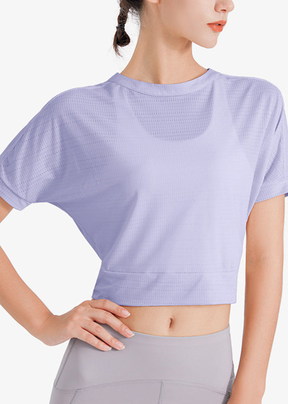 Unique Purple O-Neck Short Sleeve Yoga Top