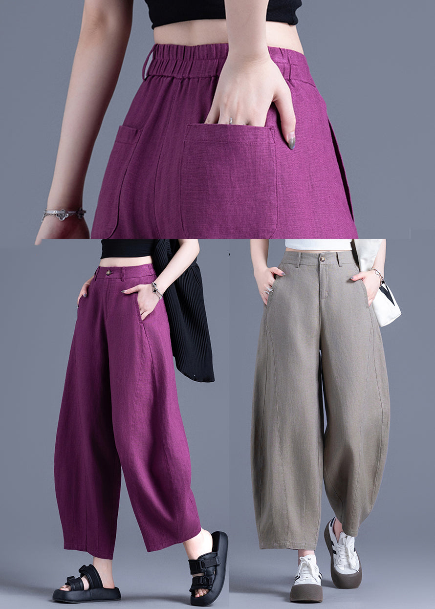 Unique Purple Oversized Pockets Linen Pants Trousers Summer