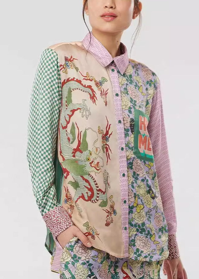 Unique Purple Peter Pan Collar Button Print Cotton Shirts
