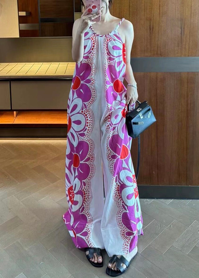 Unique Purple Print Spaghetti Strap Jumpsuits Sleeveless