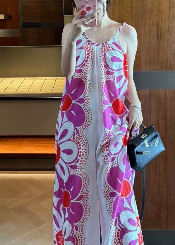 Unique Purple Print Spaghetti Strap Jumpsuits Sleeveless