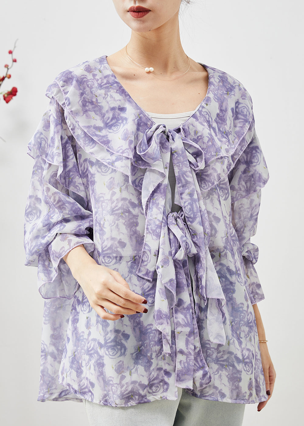 Unique Purple Rose Floral Ruffles Chiffon Shirt Top Spring