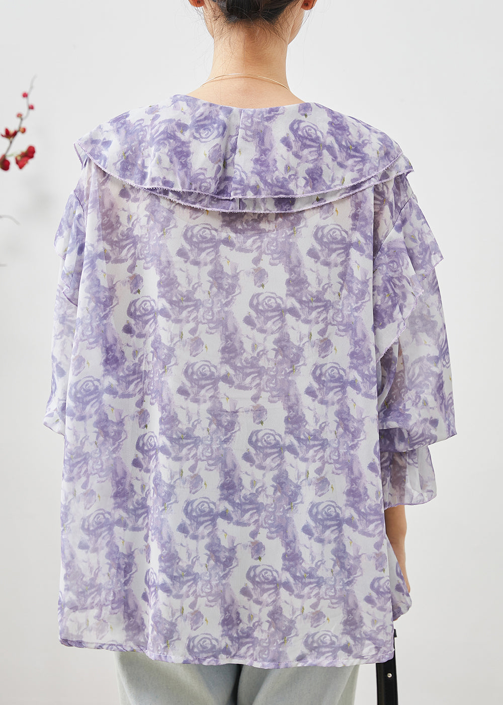 Unique Purple Rose Floral Ruffles Chiffon Shirt Top Spring