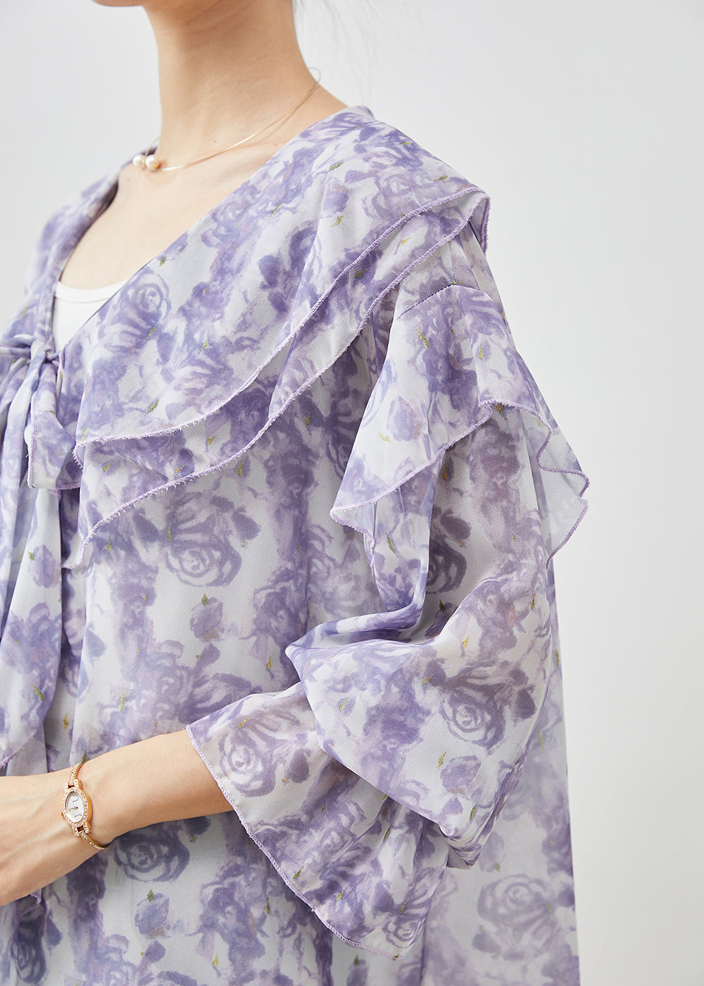 Unique Purple Rose Floral Ruffles Chiffon Shirt Top Spring