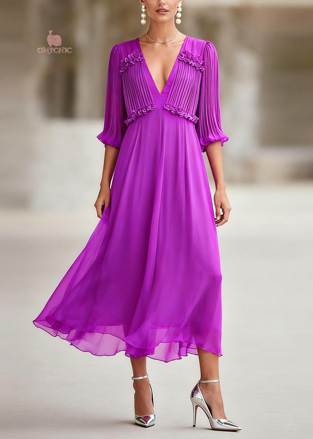 Unique Purple Ruffled Floral Chiffon Maxi Dresses Summer