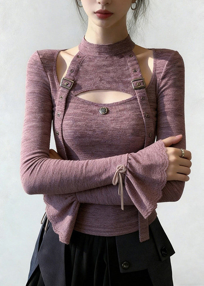 Unique Purple Stand Collar Patchwork Cotton Shirt Tops Flare Sleeve