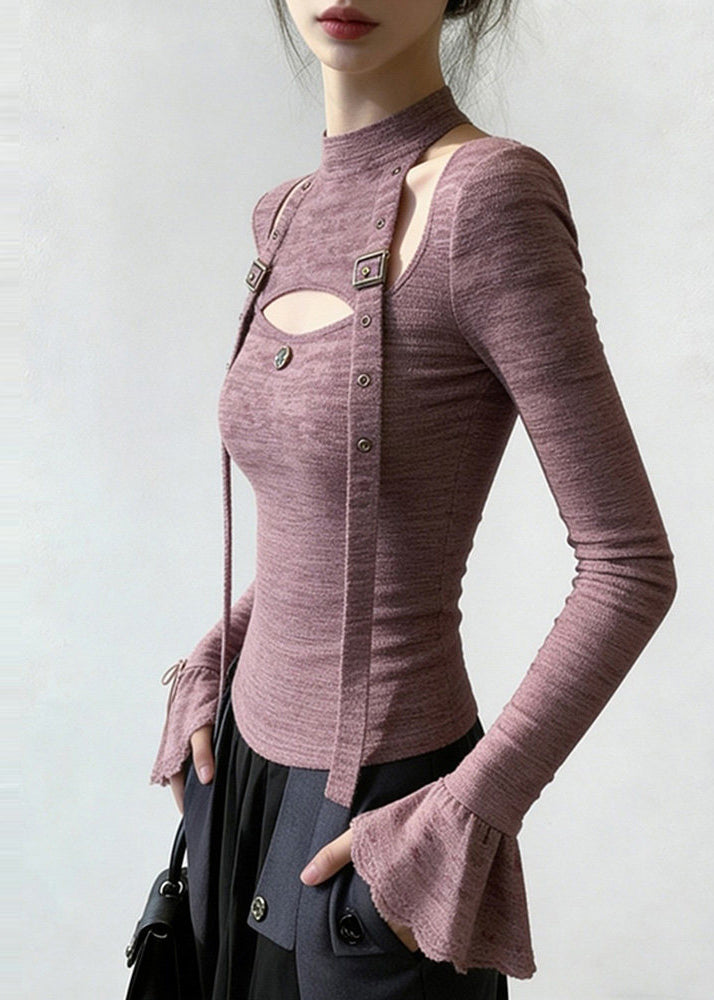 Unique Purple Stand Collar Patchwork Cotton Shirt Tops Flare Sleeve