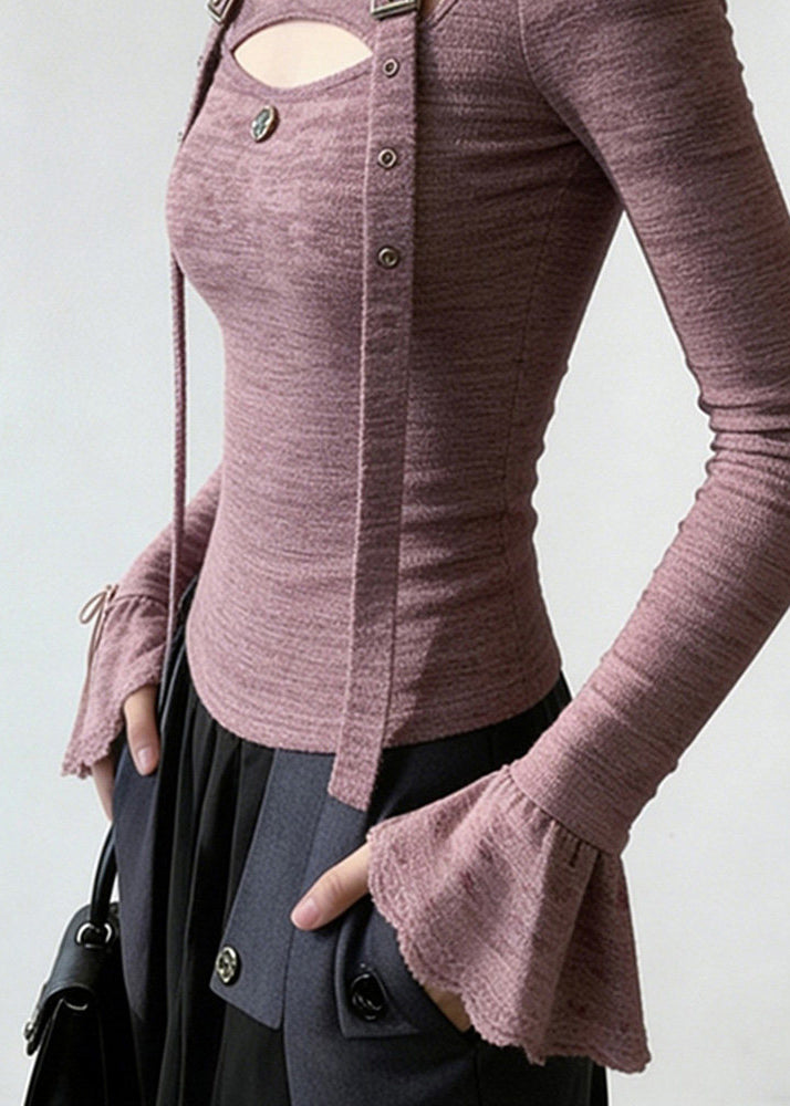 Unique Purple Stand Collar Patchwork Cotton Shirt Tops Flare Sleeve