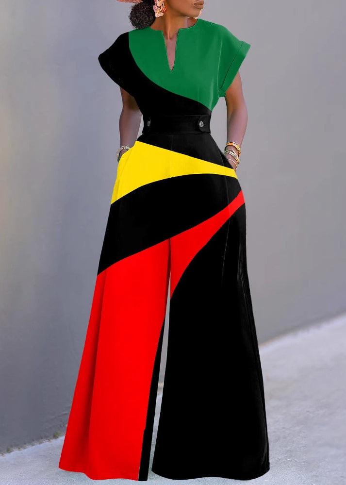 Unique Rainbow Striped V Neck Jumpsuit Short Sleeve