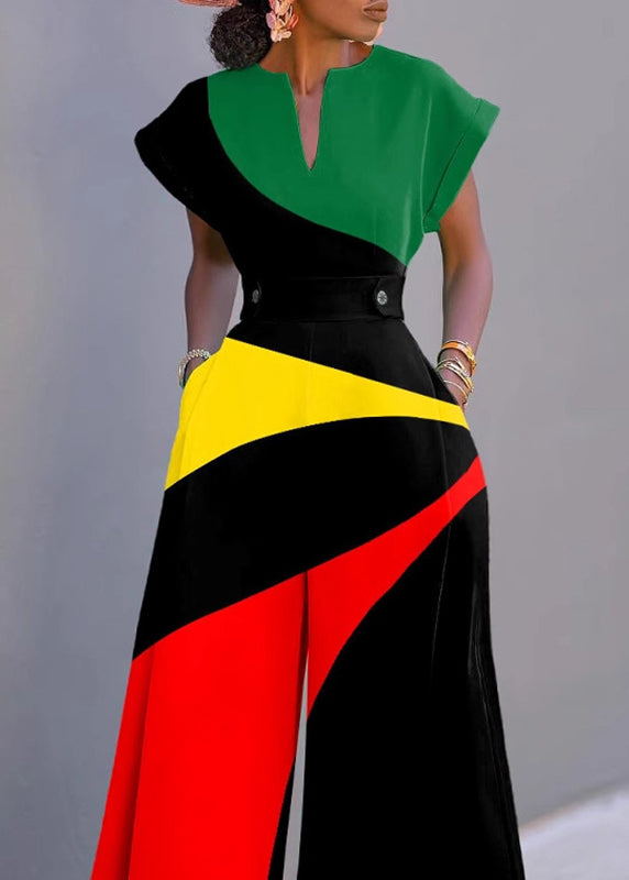 Unique Rainbow Striped V Neck Jumpsuit Short Sleeve