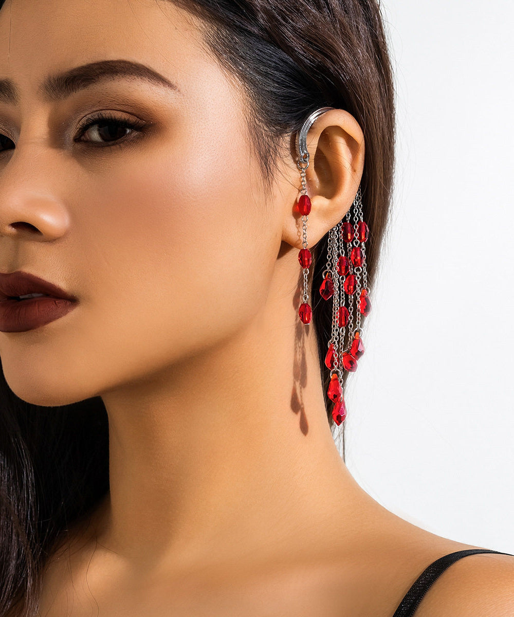 Unique Red Alloy Crystal Chain Tassel Single Drop Earrings