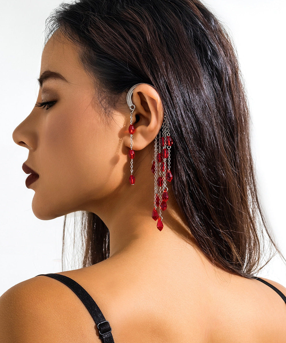 Unique Red Alloy Crystal Chain Tassel Single Drop Earrings