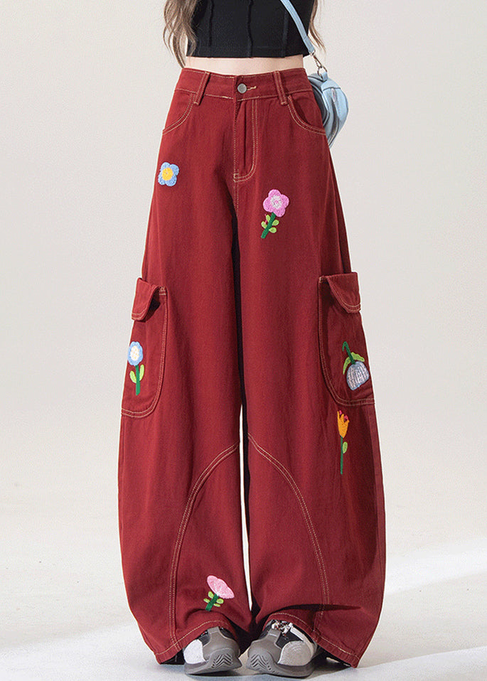 Unique Red Embroidered Pockets Denim Wide Leg Pants Fall