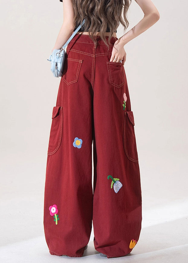 Unique Red Embroidered Pockets Denim Wide Leg Pants Fall