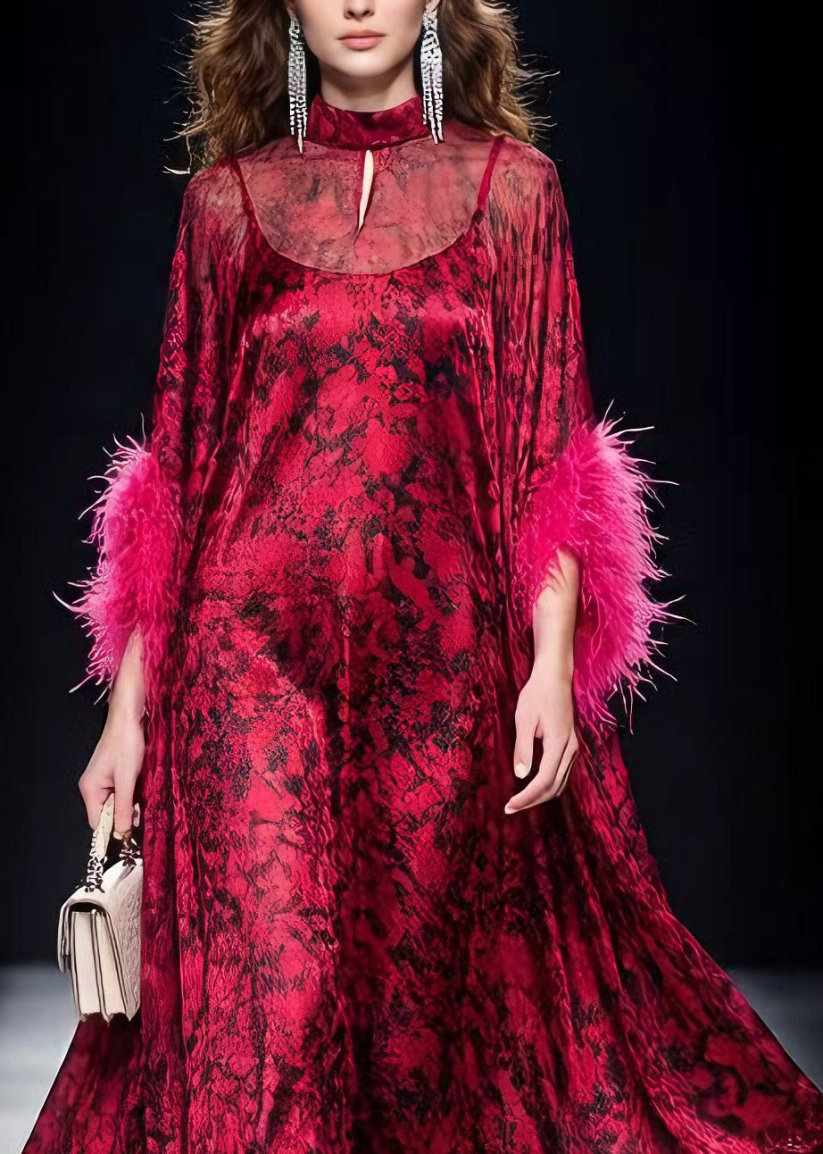 Unique Red Print Ruffled Fur Patchwork Chiffon Maxi Dress Spring