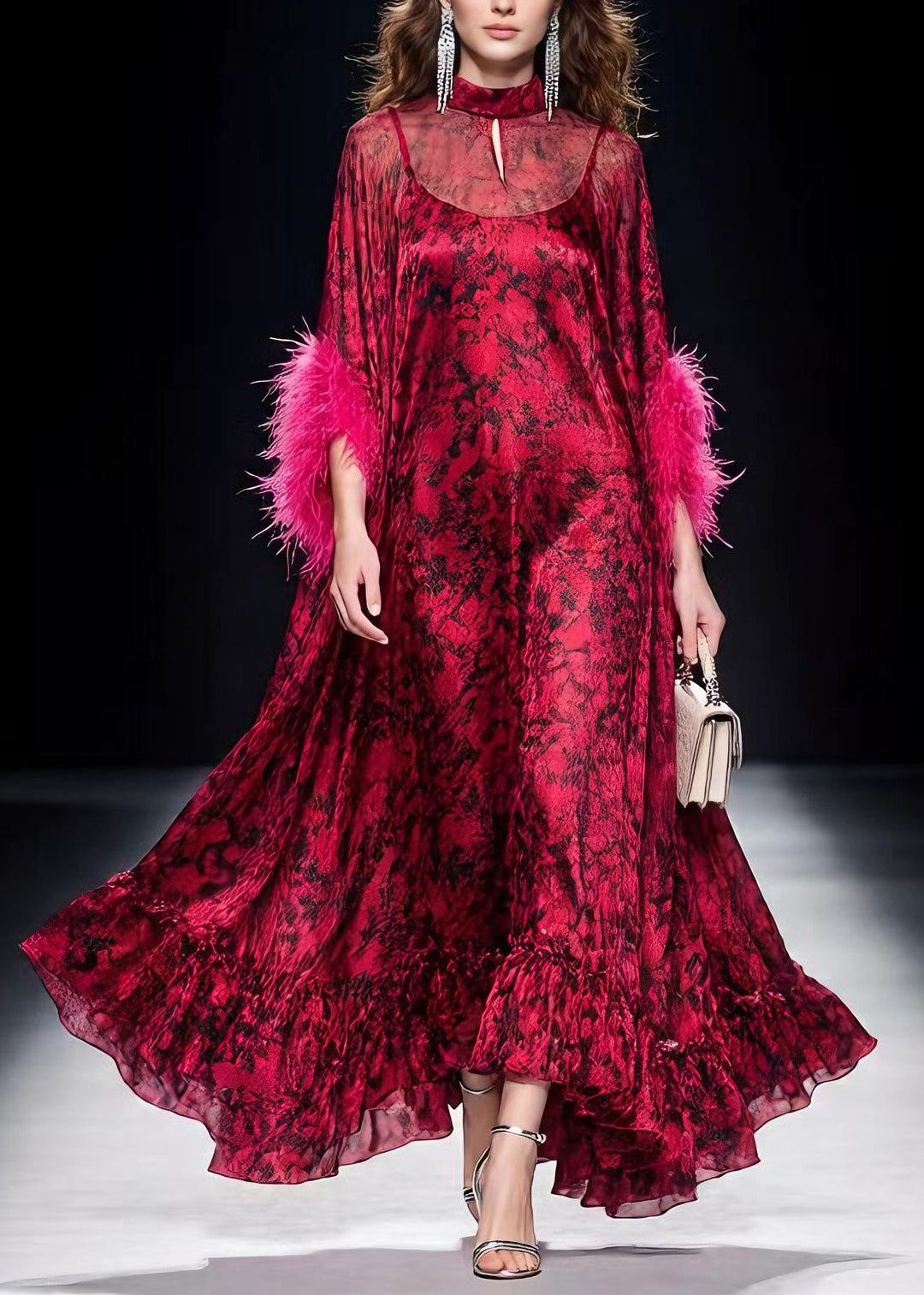 Unique Red Print Ruffled Fur Patchwork Chiffon Maxi Dress Spring