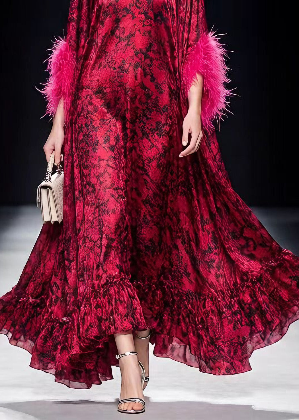 Unique Red Print Ruffled Fur Patchwork Chiffon Maxi Dress Spring