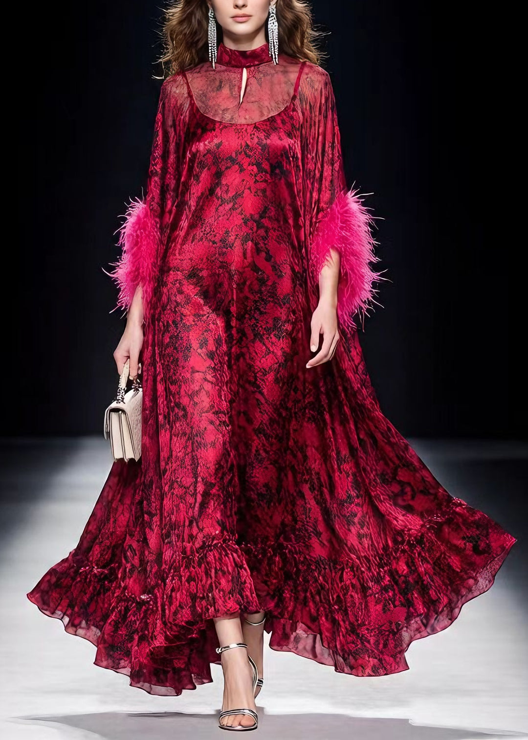 Unique Red Print Ruffled Fur Patchwork Chiffon Maxi Dress Spring