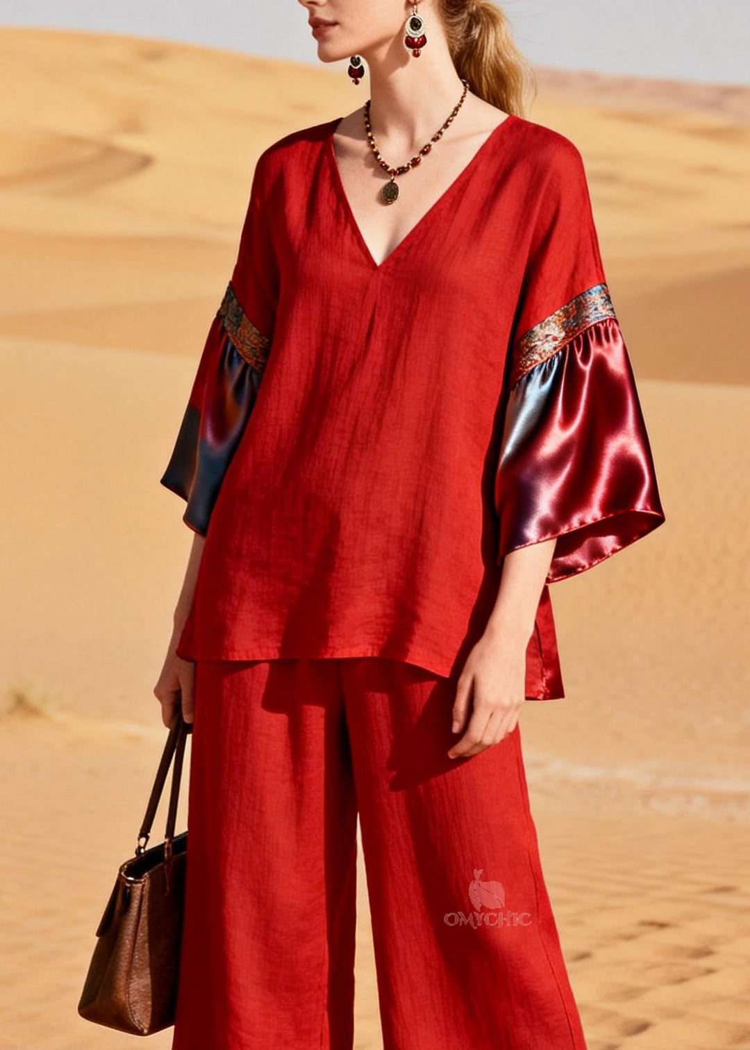 Unique Red Ruffled Patchwork Linen Silk Two Piece Set Outfits Summer