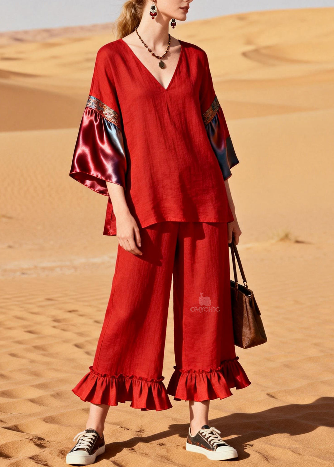 Unique Red Ruffled Patchwork Linen Silk Two Piece Set Outfits Summer