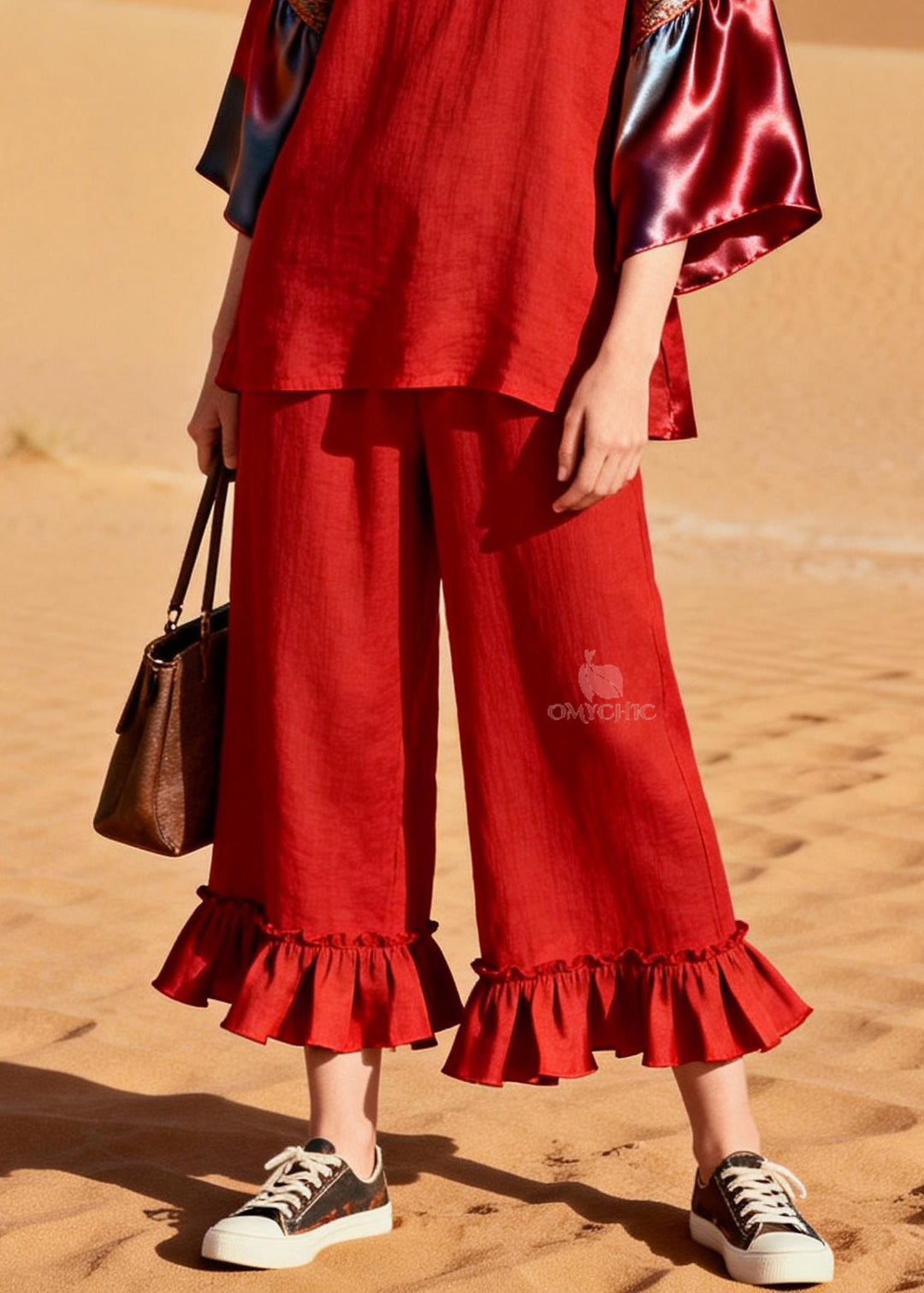 Unique Red Ruffled Patchwork Linen Silk Two Piece Set Outfits Summer