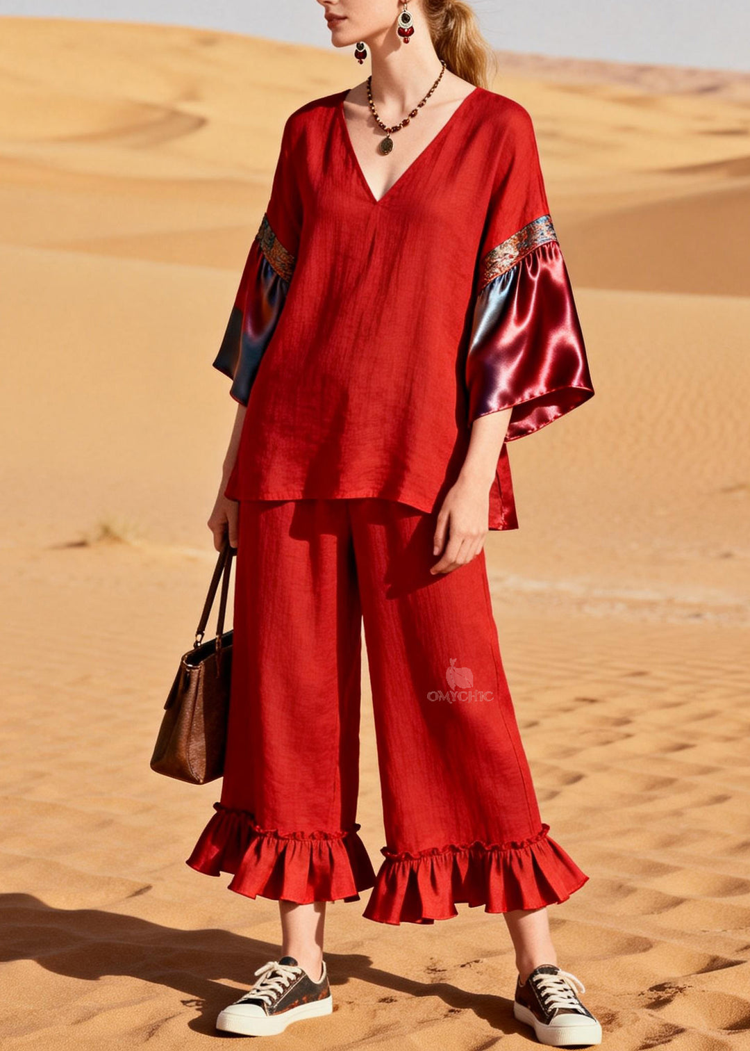 Unique Red Ruffled Patchwork Linen Silk Two Piece Set Outfits Summer