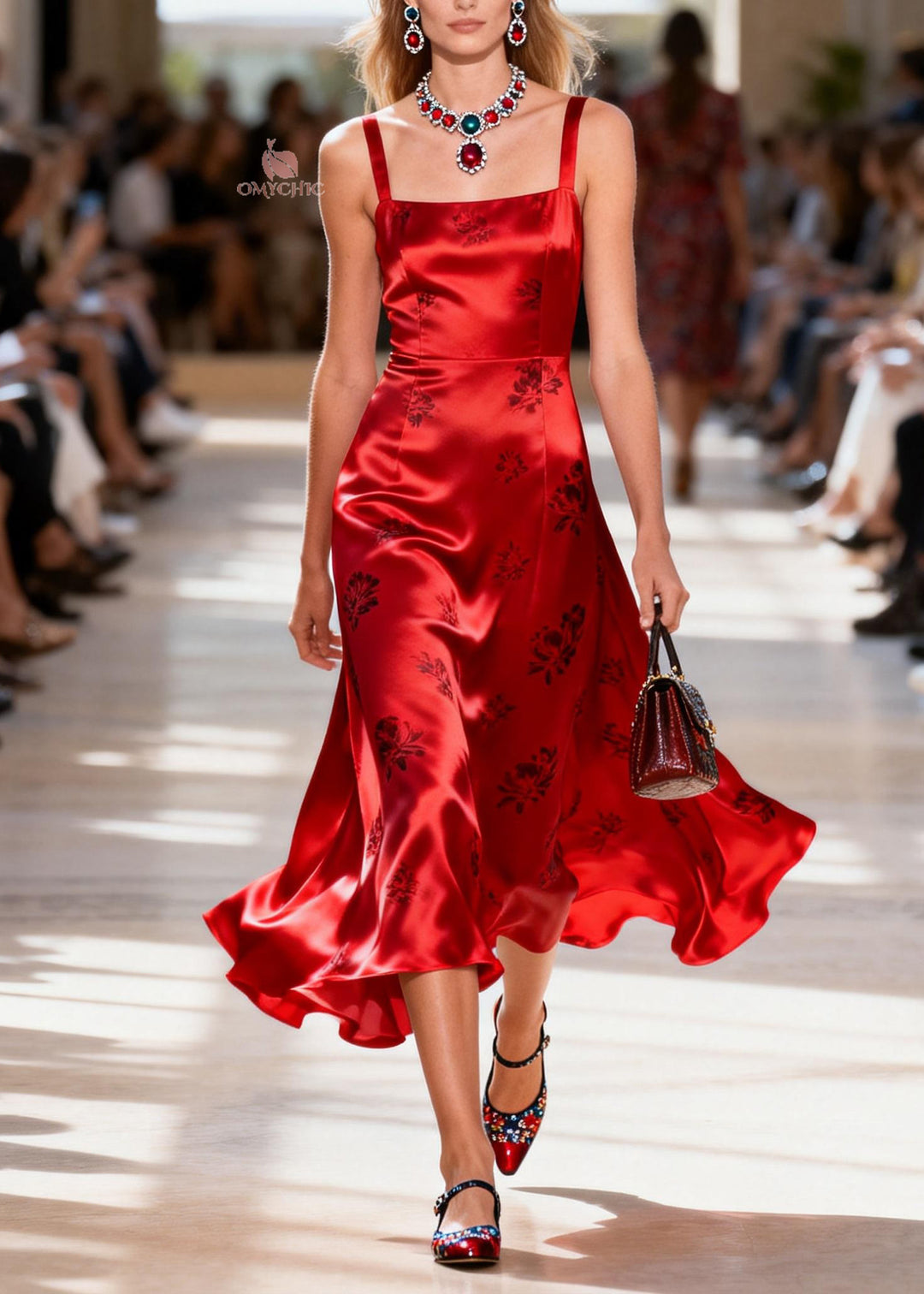 Unique Red Square Collar Print Silk Spaghetti Strap Dress Summer