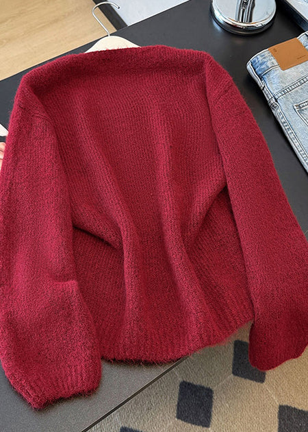 Unique Red V Neck Nail Bead Knit Sweater Winter