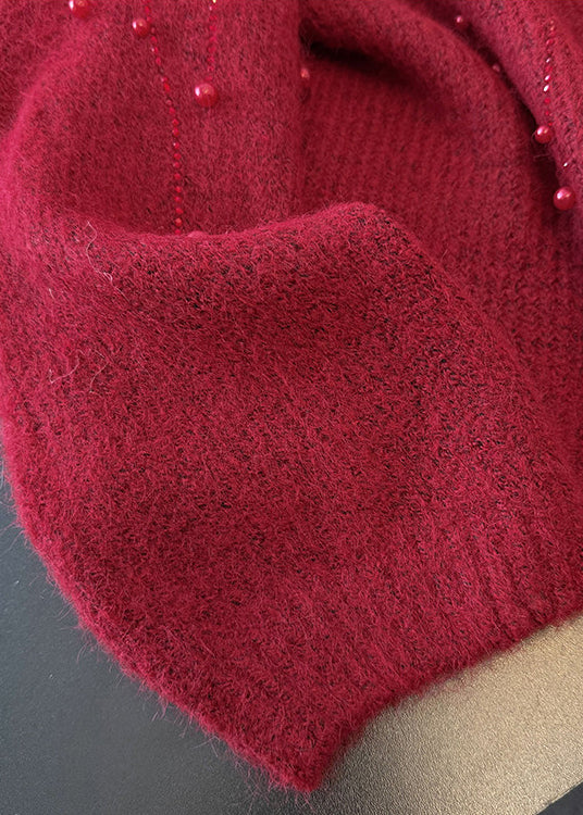 Unique Red V Neck Nail Bead Knit Sweater Winter
