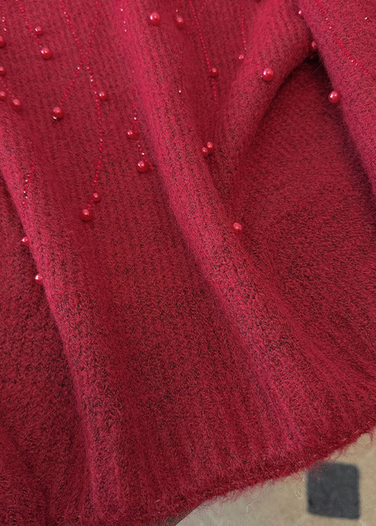 Unique Red V Neck Nail Bead Knit Sweater Winter