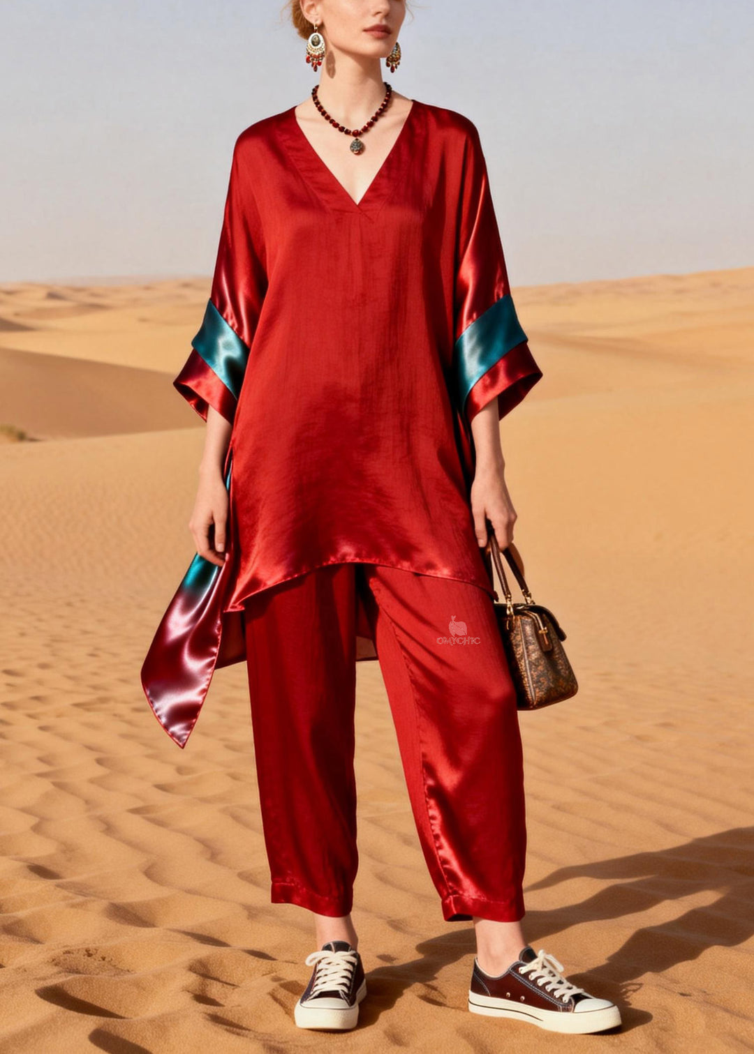 Unique Red V Neck Patchwork Linen Silk Two Pieces Set Summer