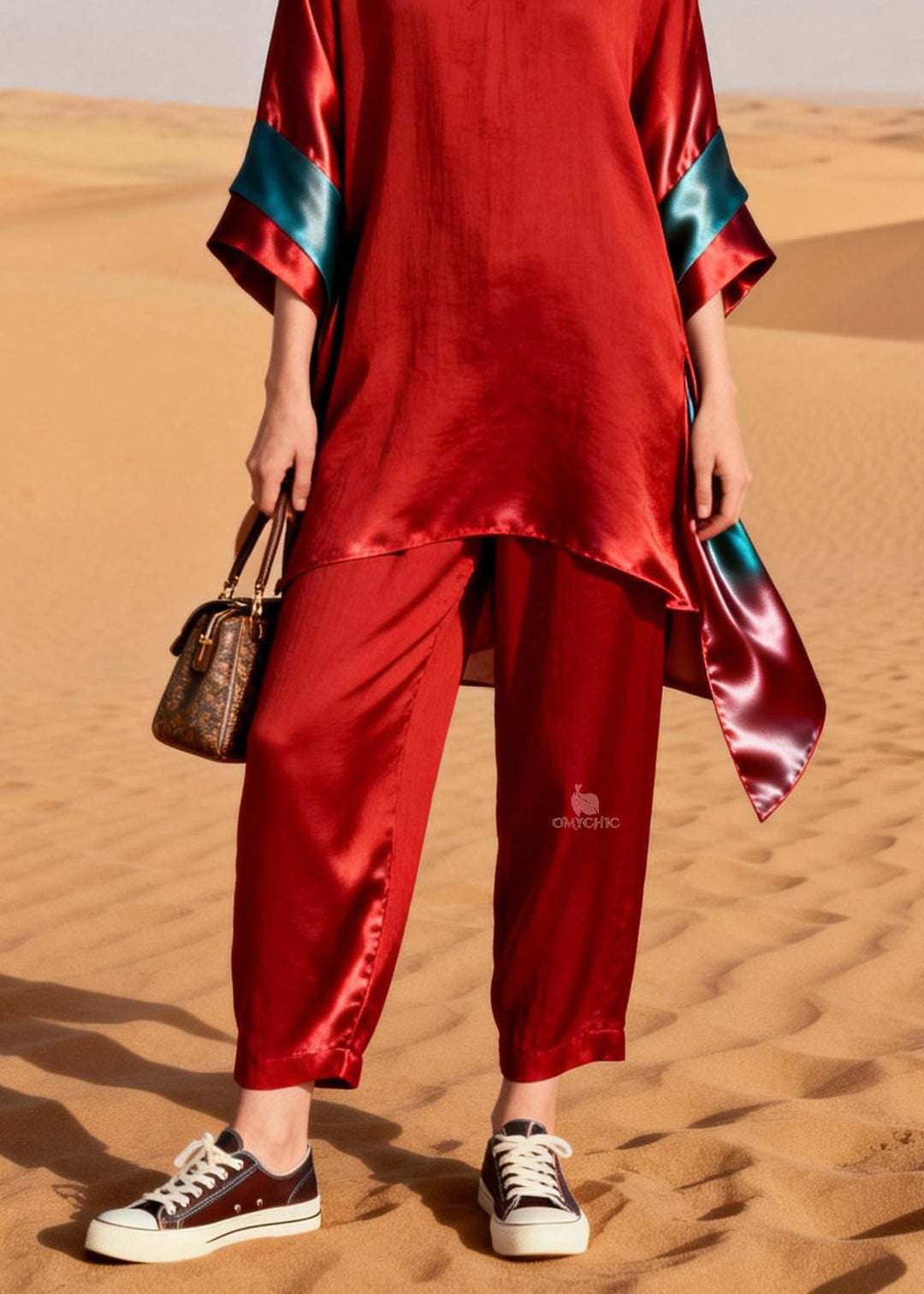 Unique Red V Neck Patchwork Linen Silk Two Pieces Set Summer