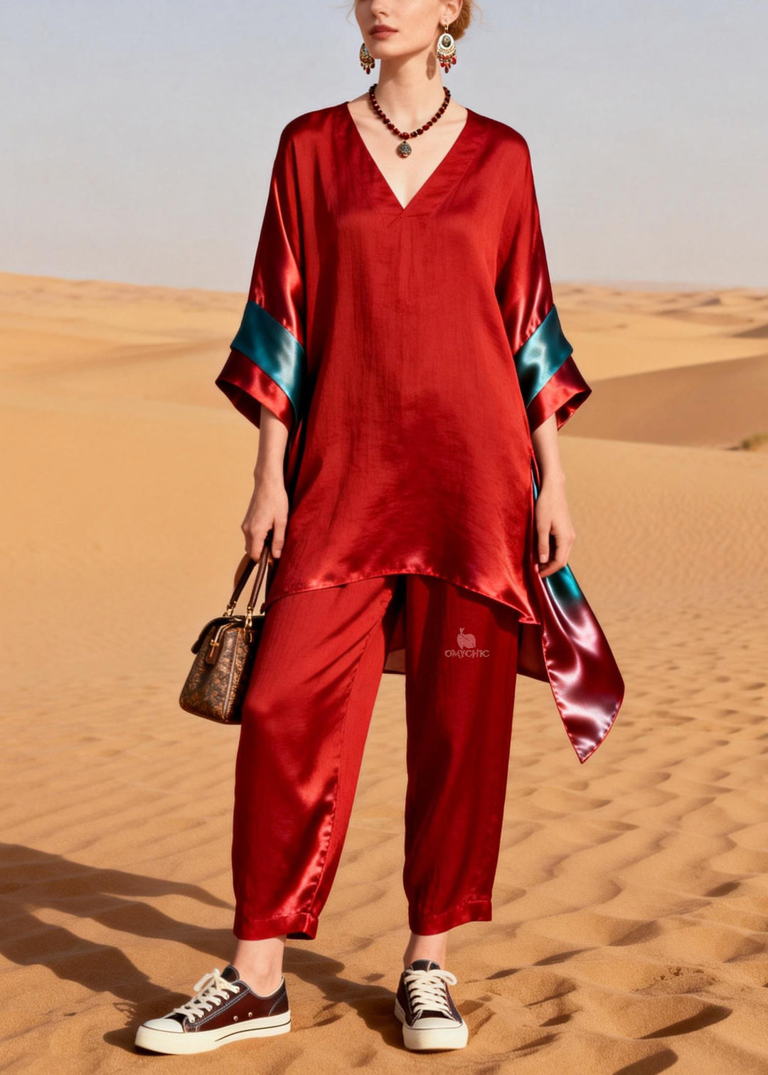 Unique Red V Neck Patchwork Linen Silk Two Pieces Set Summer