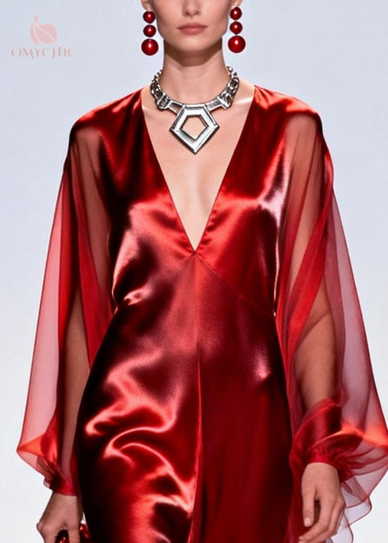 Unique Red V Neck Patchwork Tulle Maxi Dresses Summer