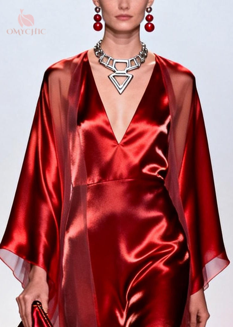 Unique Red V Neck Patchwork Tulle Maxi Dresses Summer