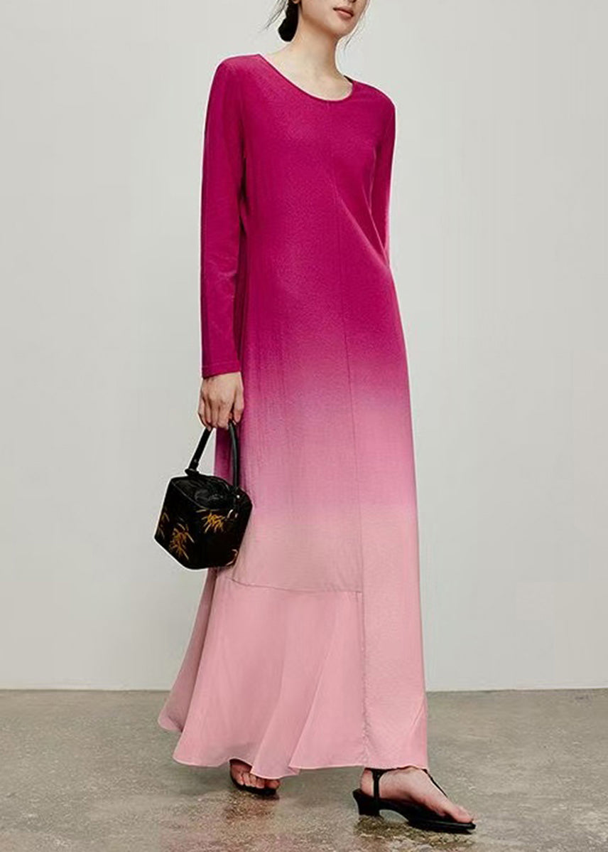 Unique Rose Pink Gradient O-Neck Patchwork Maxi Dress Long Sleeve